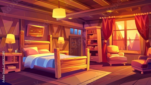 An illustration of a wild west bedroom interior in a western rustic style, with two dimensional cartoon furniture beds, armchairs, tables, lamps, and a bookshelf. The modern illustration has separate