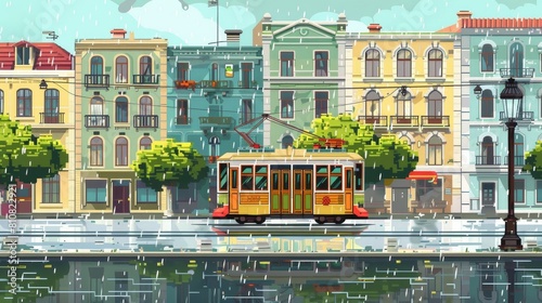 Modern tram riding on retro city street at rainy day. 2D cartoon view of vintage cityscape, vintage buildings, town in the rain, separated layers for the game.