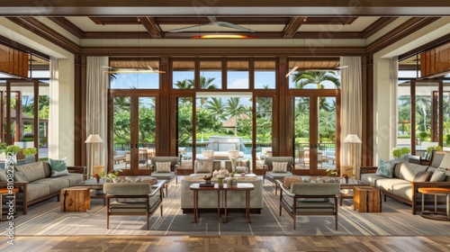 house with an Asian-themed interior, showcasing a wide-angle shot of the two-story grandroom adorned with sheer curtains.