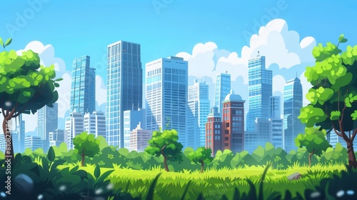 Summertime cityscape with skyscrapers and green lawn. Parallax cityscape with separated layers for game animation, downtown architecture. Modern illustration.