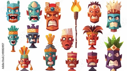 Isolated cartoon modern icons set with tiki man with torch, mask, tribal wooden totems, hawaiian or polynesian attributes, and aborigine in decorated mask with toothy mouth grimace.