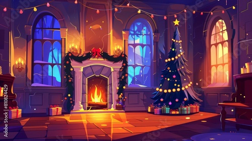 An empty room on Christmas Eve with a burning fireplace, a decorated fir tree with toys and glowing garlands, classic furniture and large arched windows, A Christmas eve cartoon modern illustration.