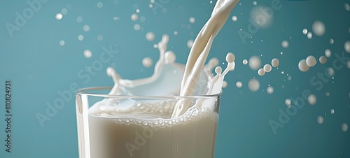 Pouring fresh milk into a glass with splashes on a blue background. 