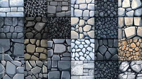 A set of seamless asphalt and stone textures, tiles and rebar grate. Grey and black cobblestone ground surfaces with textured effects, paving elements with cartoon faces.