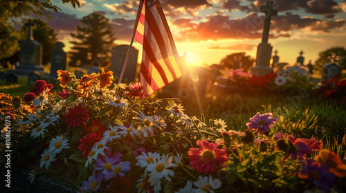 Flowers and a Memorial Day flag at a veteran's grave under a setting sun.