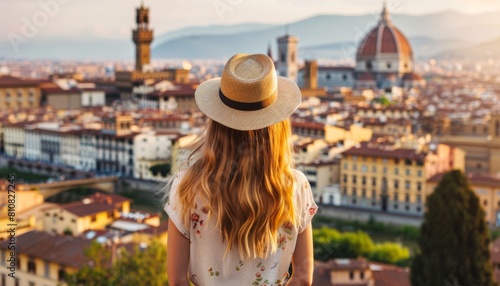 Giovane bella donna con cappello vista da dietro guarda la bellissima città di Firenze, vista panoramica, Italia