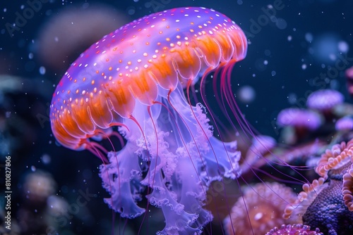 Enchanting pink jellyfish illuminated in the deep blue ocean, creating a sense of underwater magic and wonder
