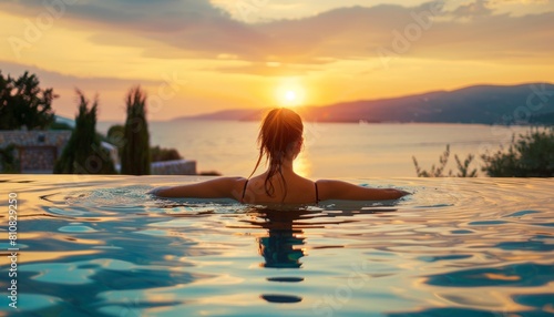 Donna che nuota in una piscina di una spa dell'hotel di lusso con vista sul mare al tramonto