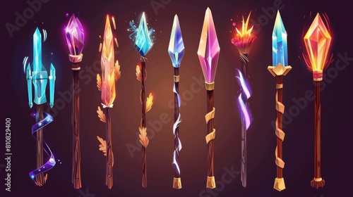 Wizard scepters for casting spells, fantasy magic staves and wands. Modern set with wooden and metal sticks covered with crystals and glowing in the dark.