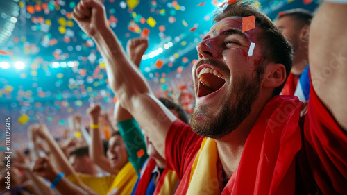 A high-quality image capturing the jubilation of sport fans at a stadium