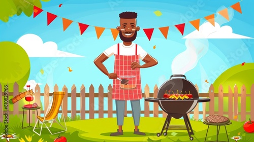 Cartoon banner depicting the African American man in apron cooking on a grill machine on a summer lawn in a park or garden. A barbecue picnic invitation for an outdoor backyard holiday party on a