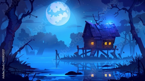 In a forest swamp is an old shack standing on piles. An abandoned witch hut stands on the edge of a quag. Mystic landscape with a cottage on the edge of a swamp, Cartoon modern illustration.
