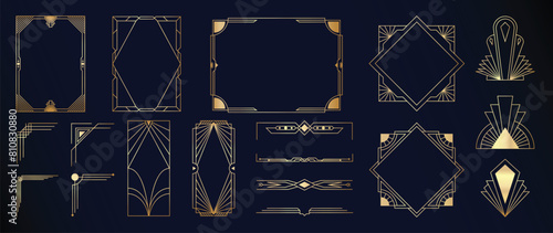 Collection of geometric art deco ornament. Luxury golden decorative element with different line, frame, headers, dividers, borders, gatsby. Set of elegant design suitable for card, invitation, poster.