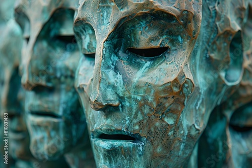 A close shot depicting a series of oxidized metal masks revealing texture and detail