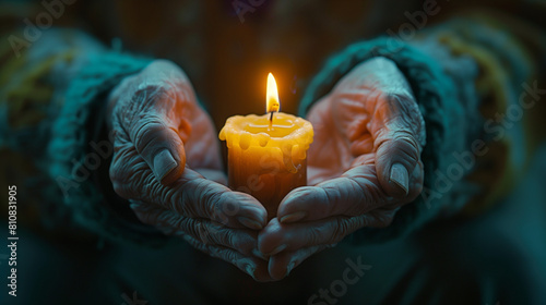  Weathered hands hold flickering candle. Memorial Day remembrance. 