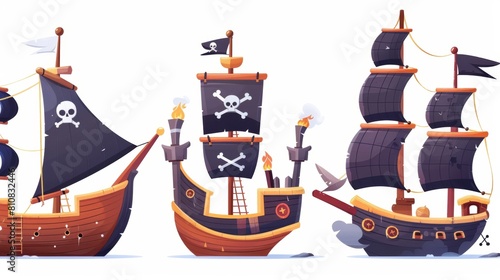 Illustration of pirate ships on white background with black sails, shooting cannons and jolly roger flag. Illustration of old and new battleships, shipwreck barge and sea battle cartoon modern.