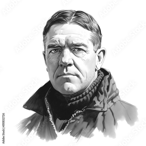 Black and white vintage engraving, close-up headshot portrait of Sir Ernest Henry Shackleton, the famous historical Anglo-Irish Antarctic South Pole explorer, white background, greyscale