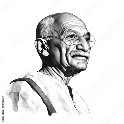 Black and white vintage engraving, close-up headshot portrait of Mohandas Karamchand (Mahatma) Gandhi, the famous historical Indian independence activist and leader, white background, greyscale