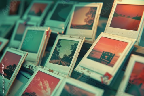 A collection of polaroid photographs on a table, perfect for nostalgia or memory concept