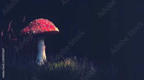 Fly Agaric Mushroom Illuminated in Dark Forest