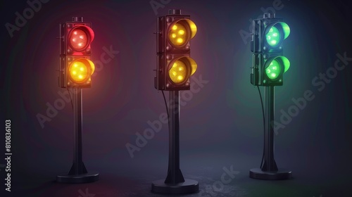 Traffic light with led lights and green, yellow, and red stoplights for cars' movement. Electric tool design elements, isolated 3D modern illustration.
