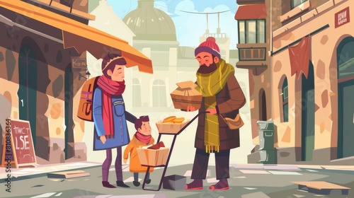 Families of beggars, homeless people living on city streets. Concept of poverty, charity, helping refugees and hoboes. Modern flat illustration of volunteers serving food to those in need.
