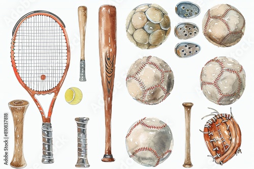 Vector Clipart of Bold and Stylized Sports Equipment: Tennis Racquets, Soccer Balls, and Baseball Bats