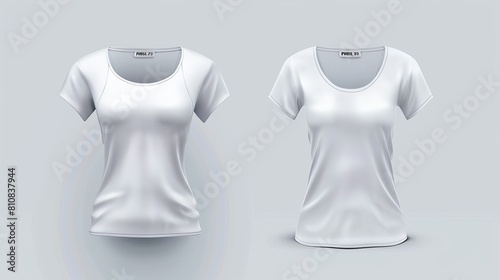 Mockup of women's white t-shirt, front and back view. Virtually modeled realistic modern illustration, short sleeve, strap top, bustier with cups.