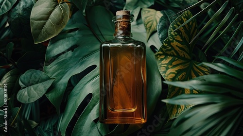 an oil bottle adorned with a natural, earthy color palette against a green, leafy background, illuminated by soft natural daylight.