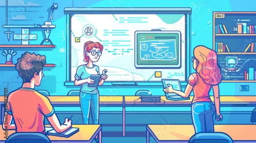 The teacher and student attend class via video conference via internet connection. Female tutor conducts class on a device screen. Illustration of line art with flat moderns, online education,