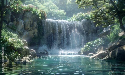 secluded waterfall nestled within a pristine natural setting, with verdant foliage and towering trees framing the scene