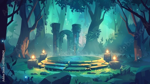 Sacred altar game background with trees and old abandoned celtic round stone platforms in a forest after dark. Modern illustration of game background with trees and old abandoned altars.