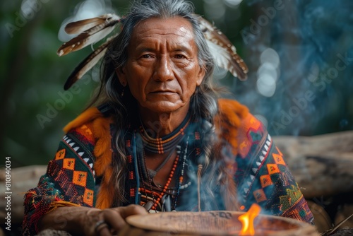 Elderly native american man by fire