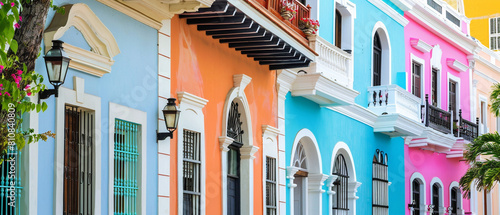 Old San Juan street with pastel-colored Spanish colonial buildings, under bright blue sky.
