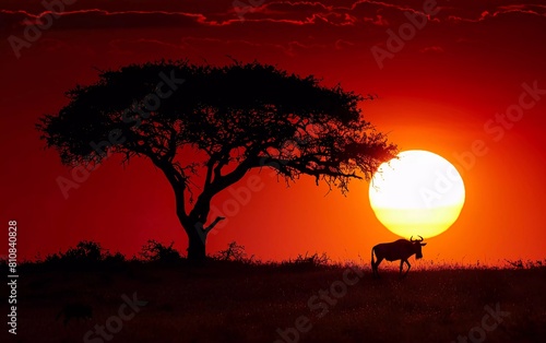 African Acacia trees and wildebeest silhouette against the red sunset, beautiful evening view