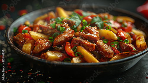 Bring the flavors of Peruvian lomo saltado, a photorealistic scene of the stir fry dish with fries and veggies.