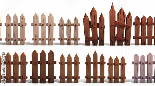 Wood rustic garden, ranch or farm border isolated elements. Wood rustic fence, palisade, stockade, or balusters with picket.