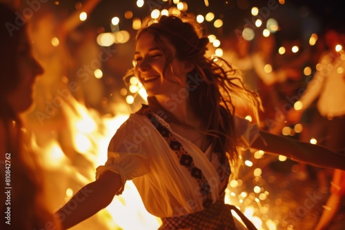Woman dancing around bonfire at night with people around. Summer Solstice Day, Midsummer, Litha, Ivan Kupala celebration. Slavic pagan holiday. Wiccan ritual, witchcore aesthetics. 