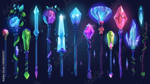 Symbols of mystical assets for fantasy games in a set of magic staffs, wands, or walk sticks with glowing gems and crystals. A set of magic staffs, wands, or walk sticks with glowing gems and
