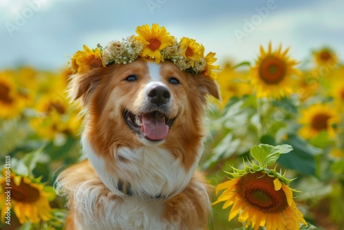 Dog wearing sunflower wreath in sunflower field. Summer Solstice Day, Midsummer, Litha, Ivan Kupala celebration. Slavic pagan holiday. Wiccan ritual, witchcore aesthetics. 