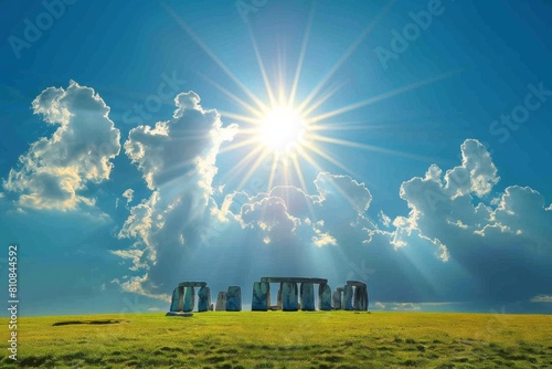 Stonehenge under bright sun. Midsummer, Summer Solstice holiday. Ancient stone monuments and historical landmark concept. United Kingdom. 