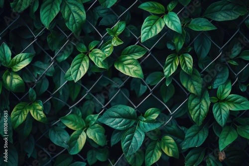 A chain link fence covered in green leaves. Suitable for nature or security concepts