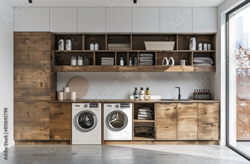 A laundry room with wooden cabinets, white walls and concrete floors. The cabinets are filled with washing machines and shelves for storage