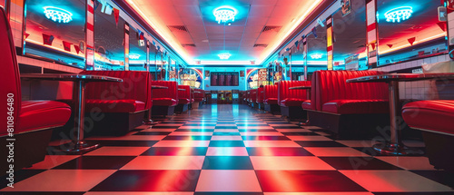 Classic diner with bright neon lights, vintage decor, and a checkered black and white floor.