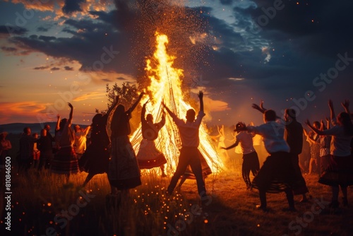People dancing around a large bonfire at night. Summer Solstice Day, Midsummer, Litha, Ivan Kupala celebration. Slavic pagan holiday. Wiccan ritual, witchcore aesthetics