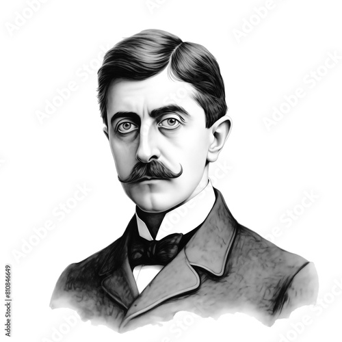 Black and white vintage engraving, close-up headshot portrait of Valentin Louis Georges Eugene Marcel Proust, the famous historical French novelist and literary critic, white background, greyscale