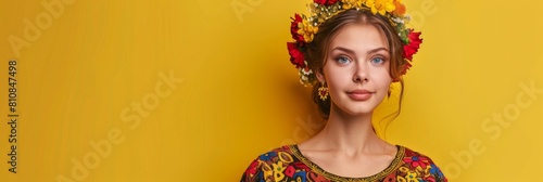 Woman in flower wreath on yellow background. Summer Solstice Day, Midsummer, Litha, Ivan Kupala celebration. Slavic pagan holiday. Wiccan ritual, witchcore aesthetics. Banner with copy space
