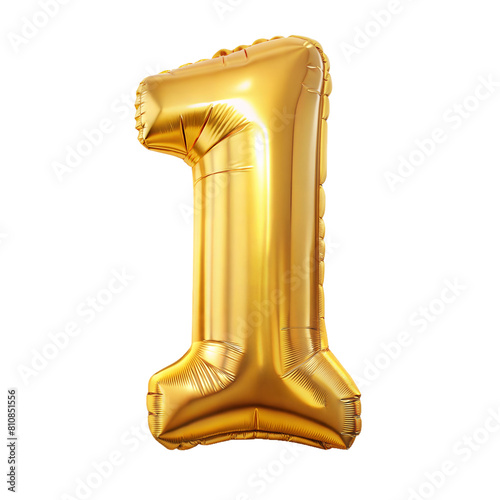 A shiny gold foil number one balloon floats in a neutral space