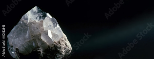 Phenakite is a rare precious natural stone on a black background. AI generated. Header banner mockup with space.