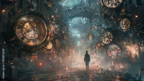 Time flies, a man from behind is standing in a large clock room, time stands still in a dark cave. Fantasy illustration, generative ai